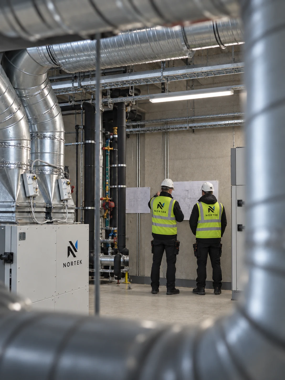 Nortek-teknikere som vurderer tekniske tegninger i et VVS-anlegg